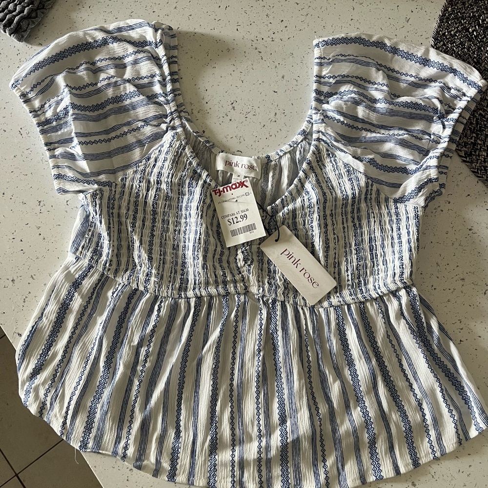 Pink Rose Navy and White Textured Peasant Style Top